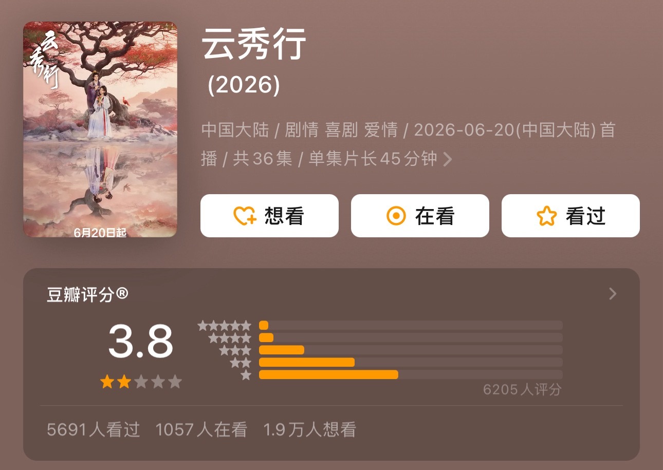 《云秀行》豆瓣评分开了3.8分，怎么会这么低