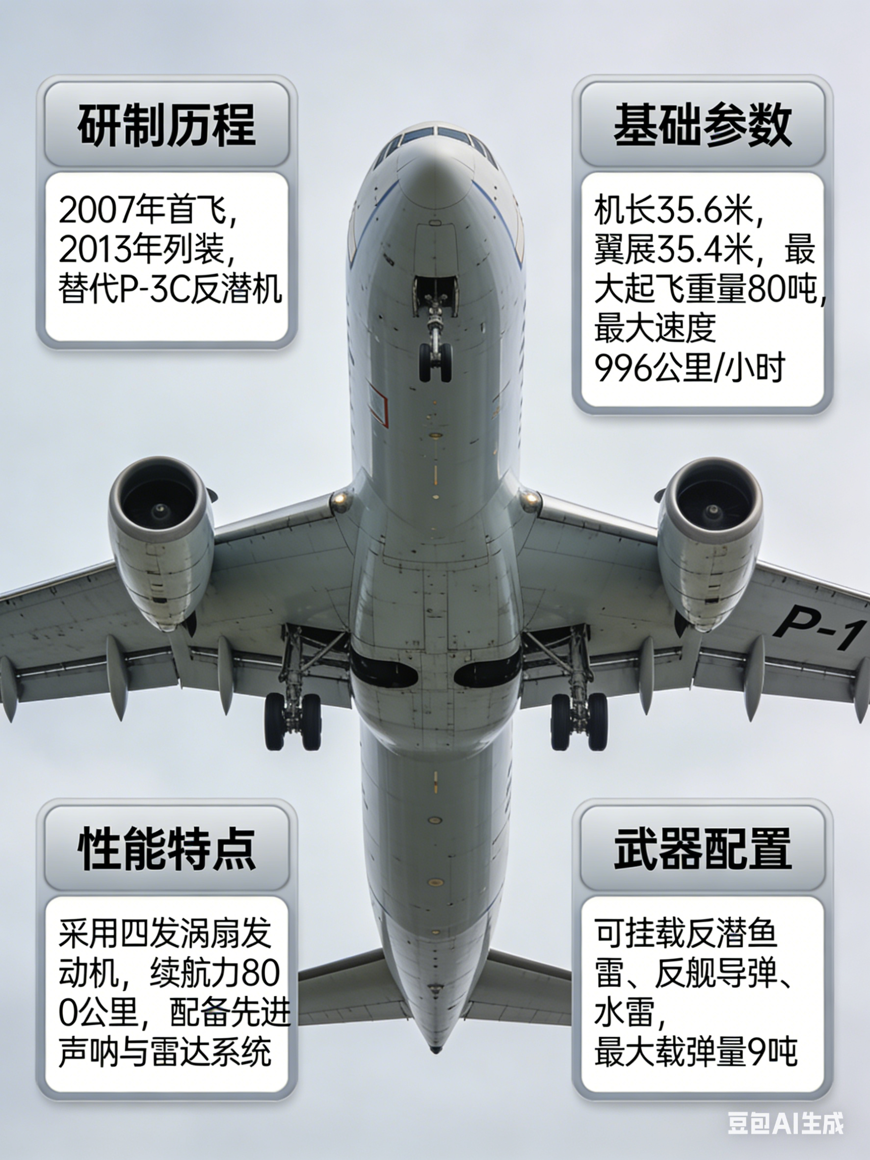 军事ai新视野 P-1反潜巡逻机［日］机长：38米翼展：35.4米机高：12.1