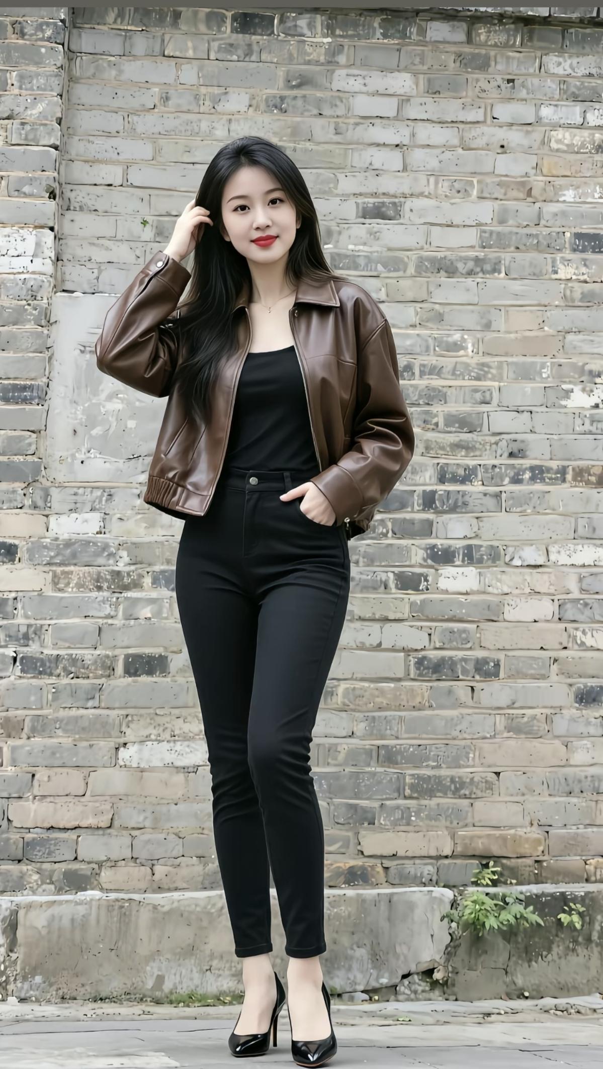 红妆映古墙，风姿动人间。