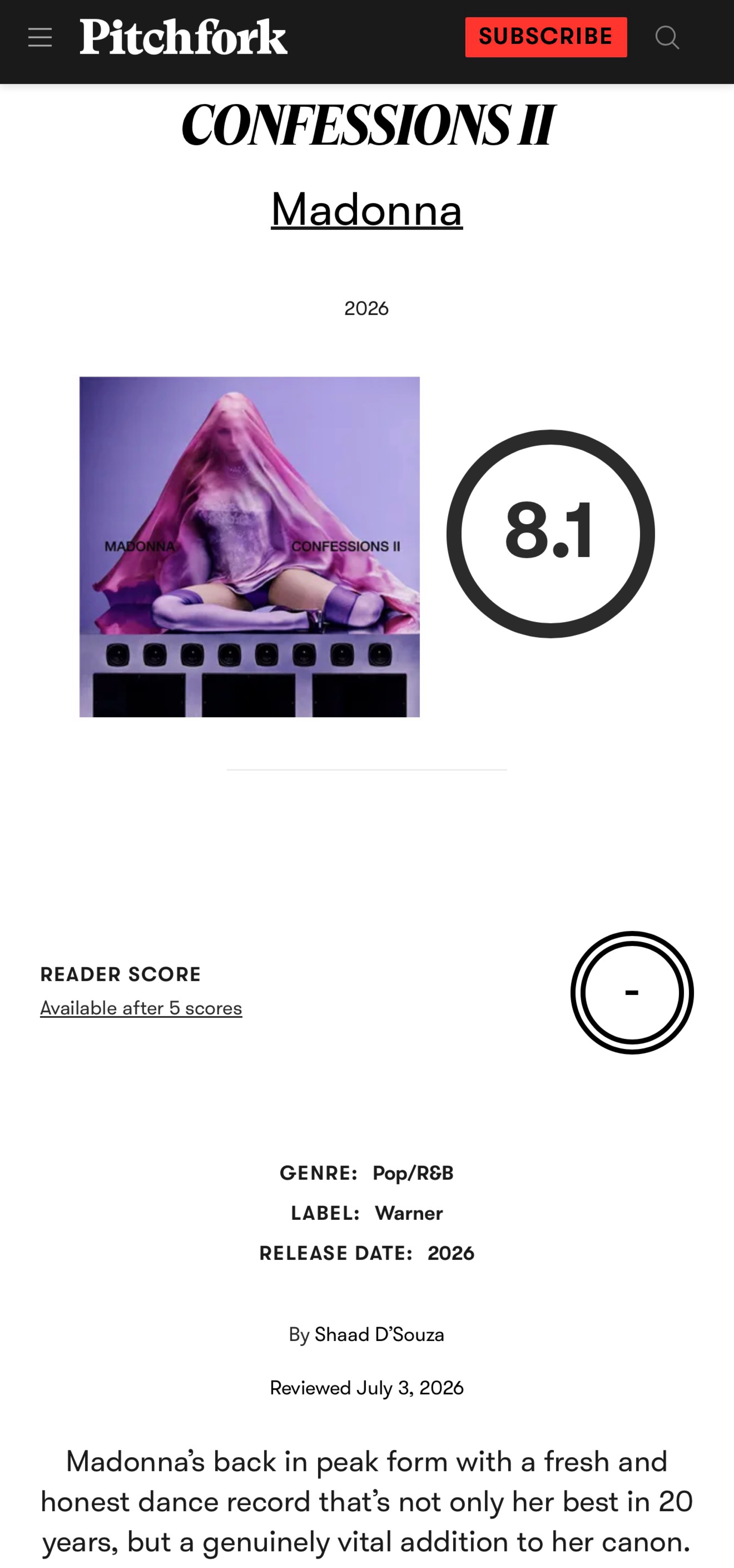 太棒了！婊叉Pitchfork给女帝麦当娜Madonna回归新专辑《CONFES