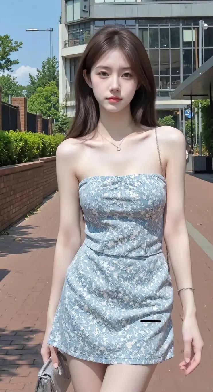 **《蓝裙与晴空的邂逅》
阳光在玻璃幕墙上碎成千万片金箔时，她站在红砖铺就的十字