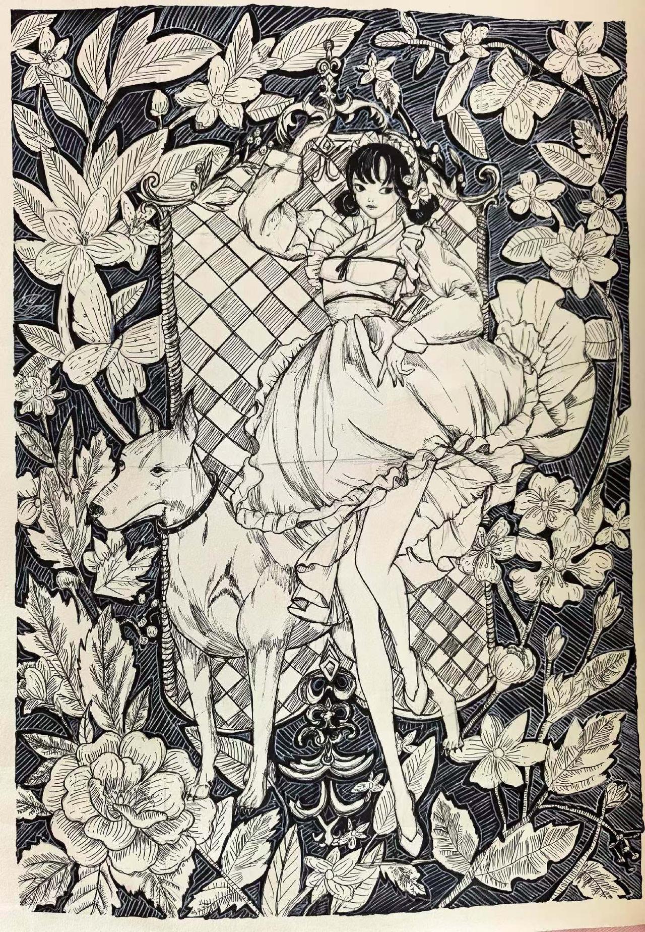 梦幻少女与狗，花海中的奇幻之旅花海少女感 梦幻花海仙女 美女带狗散步 梦幻花海仙