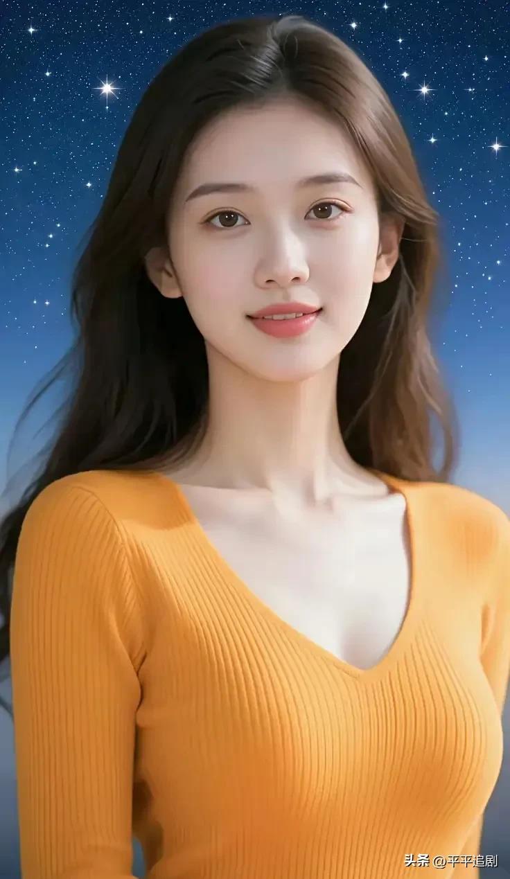 身披星光，一身暖橙，温柔撞入漫天星海✨
温柔治愈款美女 本图为一个美女