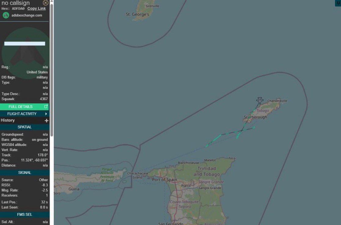 突发新闻：一架神秘飞机短暂出现在特立尼达和多巴哥附近的公开雷达上，其ADS-B信