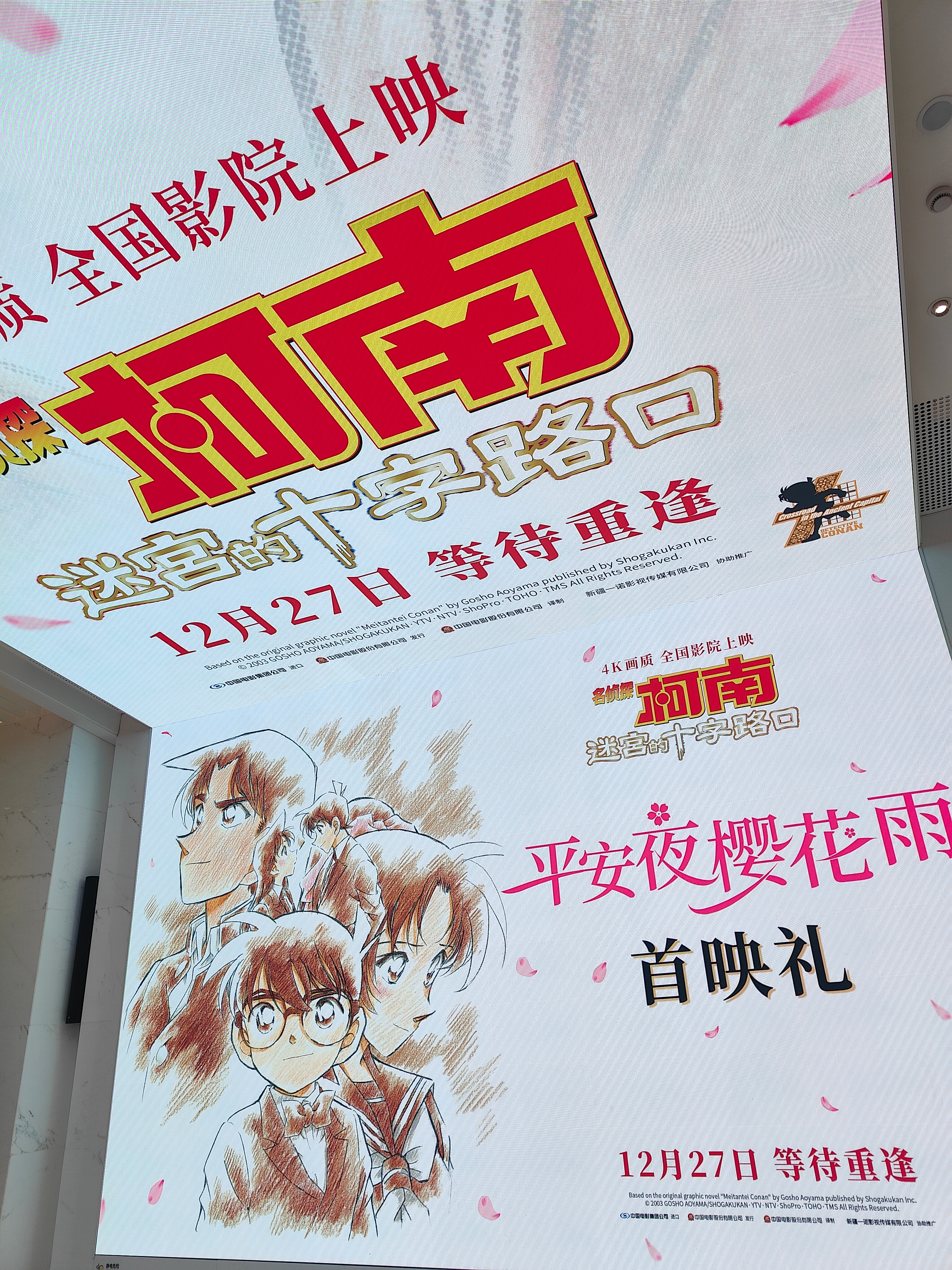 柯南迷宫的十字路口上海首映礼 首映礼大厅被打造出平次小时候撞见的那颗樱花树，还有