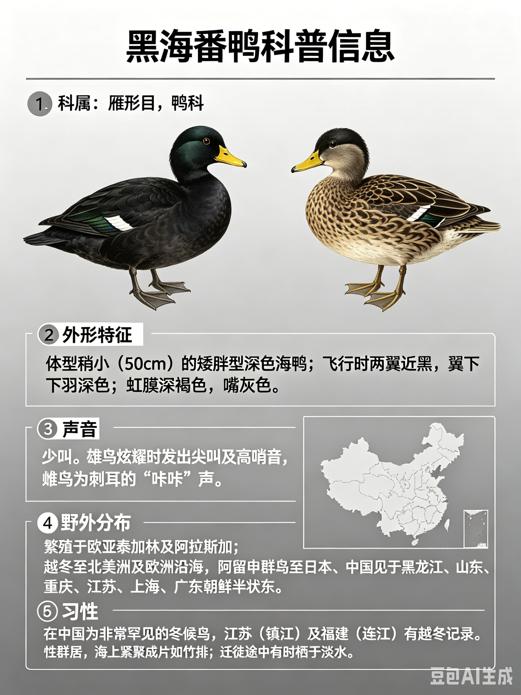 鸟类朋友图鉴 黑海番鸭·科属：雁形目，鸭科。·外形特征：体型稍小（50cm）的矮