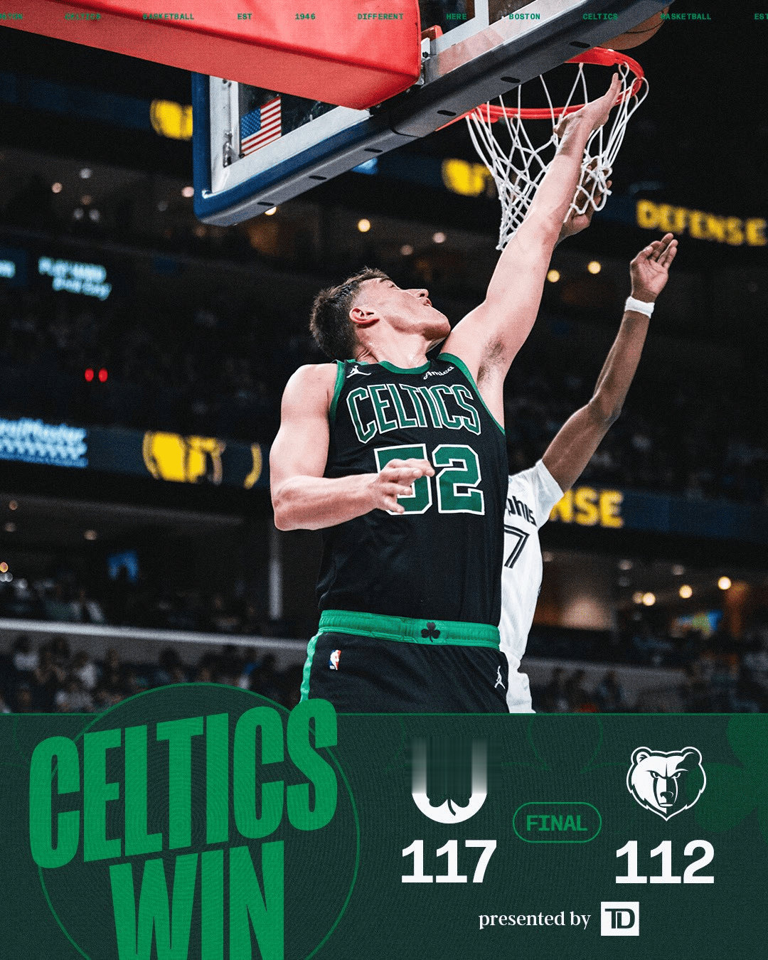 凯尔特人过去5个赛季面对灰熊9胜1负，其中4个赛季完成横扫