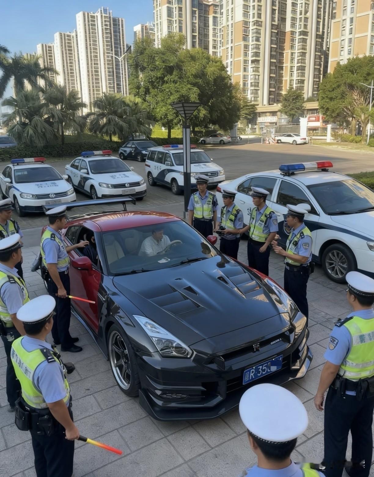 啊，这车怎么啦？被这么多誓车和警察团团围住，看起来像是出大事了啊！