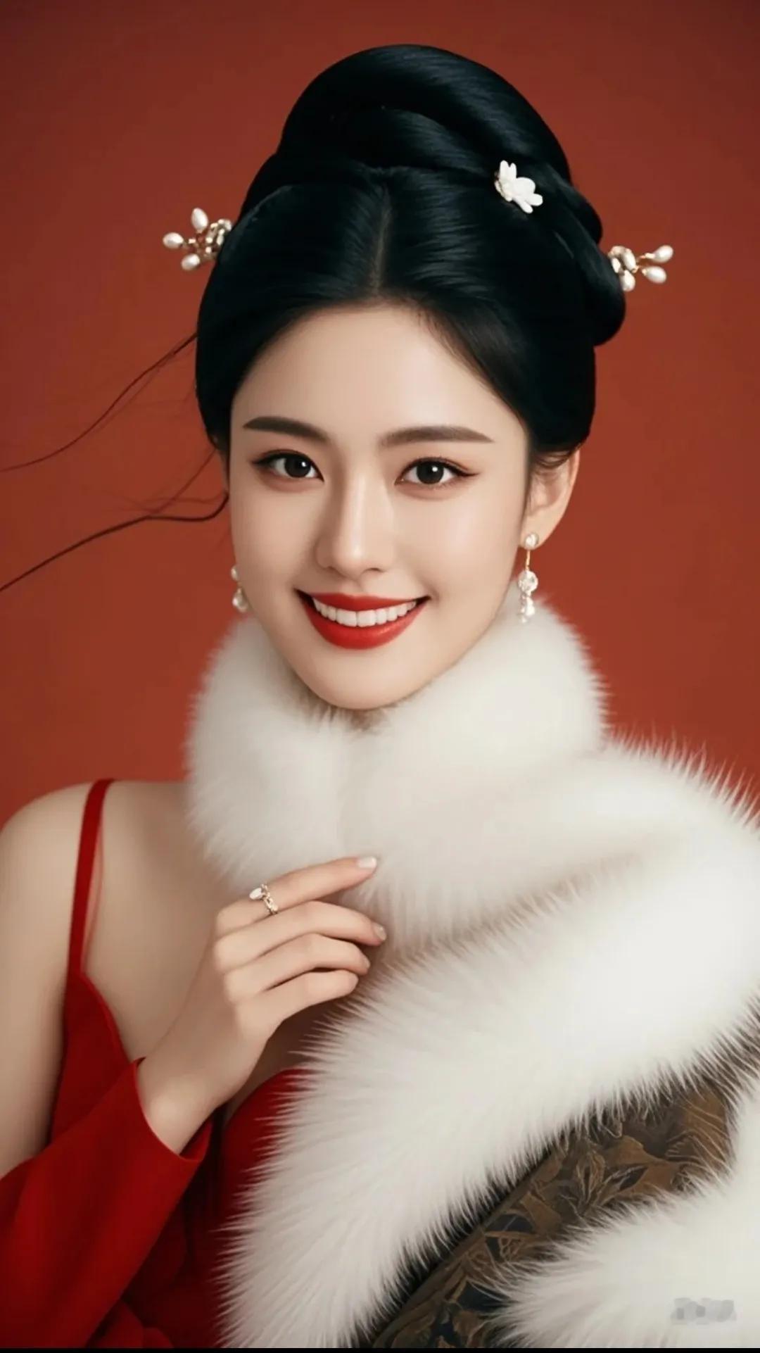 优雅东方美人，红衣白裘，气质如兰。美人绝艳风姿 美人风雅动人