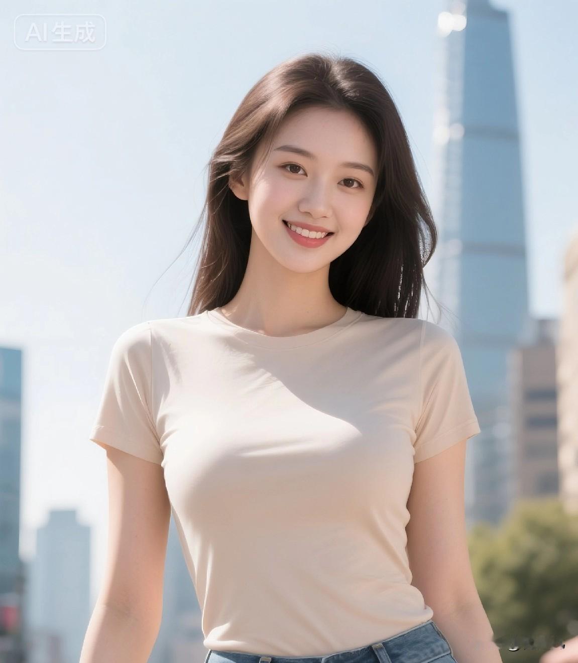 不挑身材的穿搭公式
浅杏色T恤温婉且显白，高腰牛仔裤直接拉长身材比例，谁穿谁化身