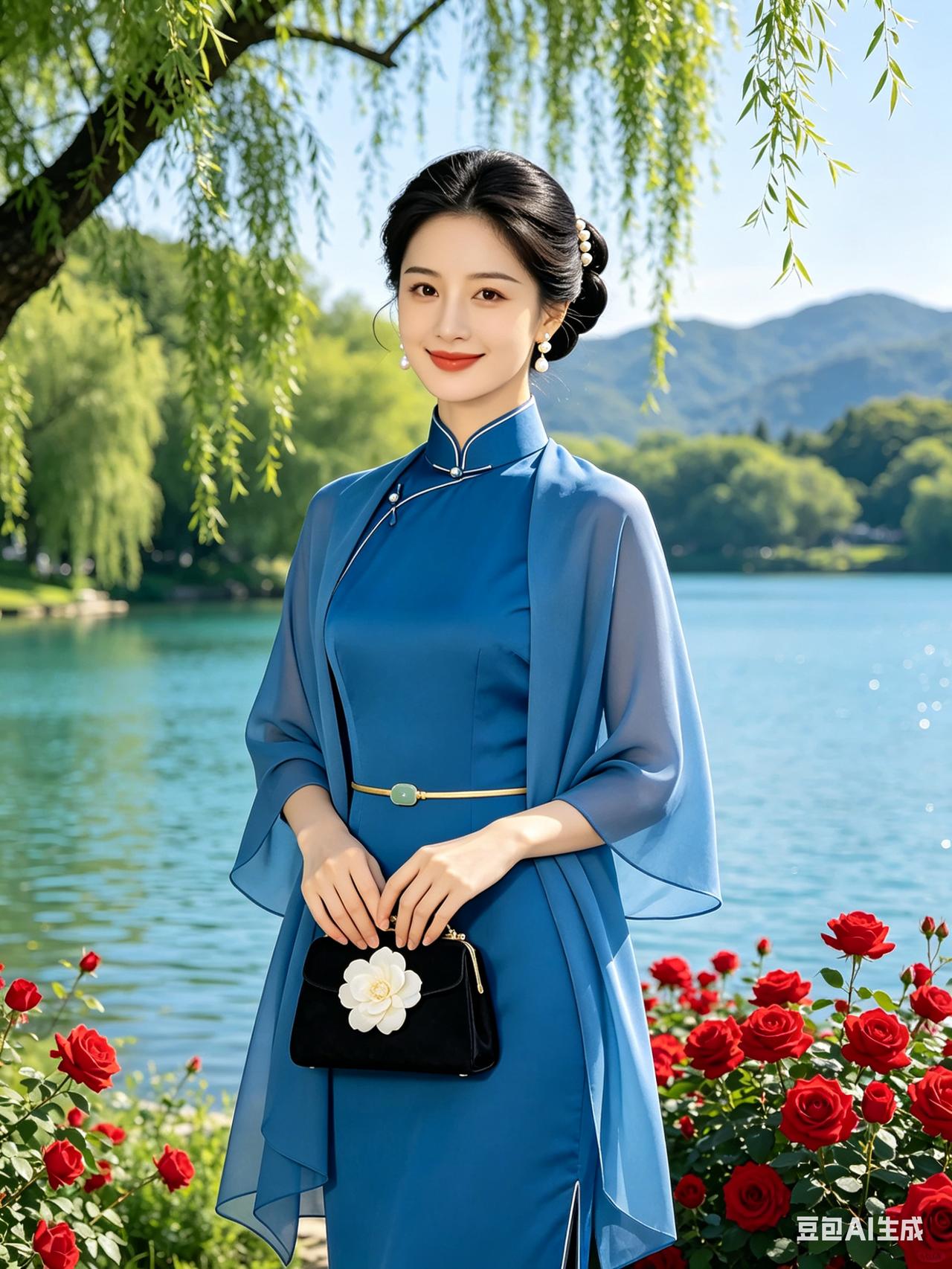 高发髻配珍珠发饰的温婉女子，身着蓝改良旗袍外搭同色披肩，玉扣金腰带精致，捧花饰手
