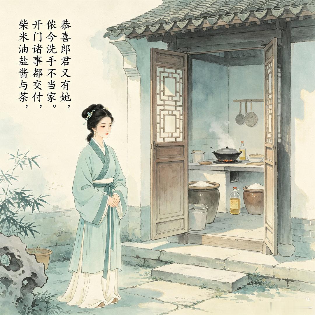 恭喜郎君又有她，侬今洗手不当家。开门诸事都交付，柴米油盐酱与茶。这是明代一位女诗