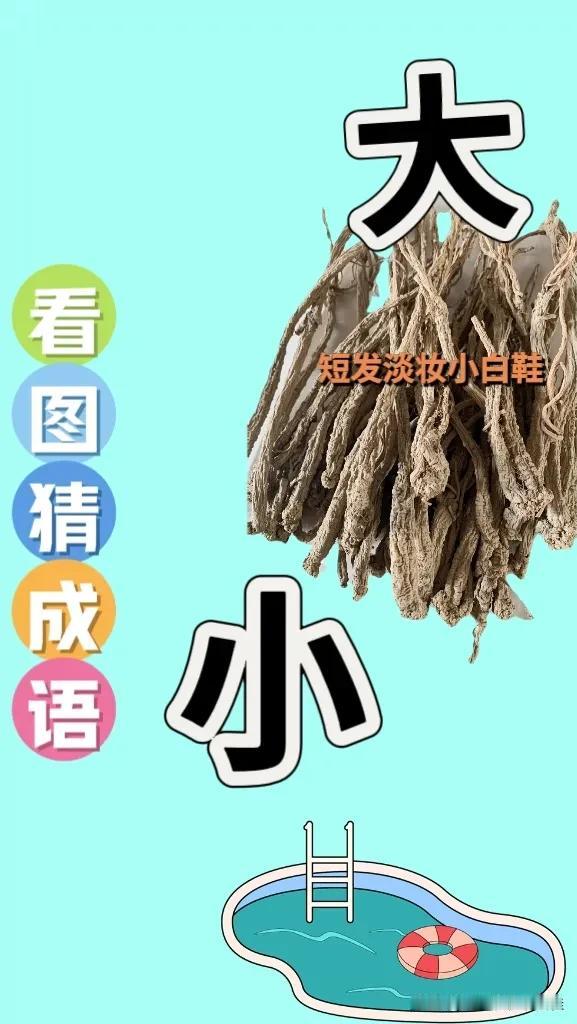 看图猜成语
图中有一堆药材
和一个泳池池
大字和小字
这题难度系数不大，图中给出