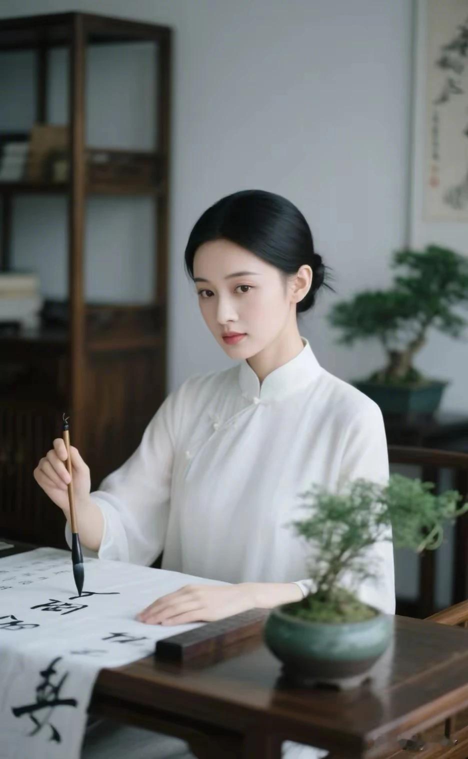 纤手研墨写华章，
日日临帖意洋洋。
容颜本是天生俏，
人书俱老亦吉祥。
