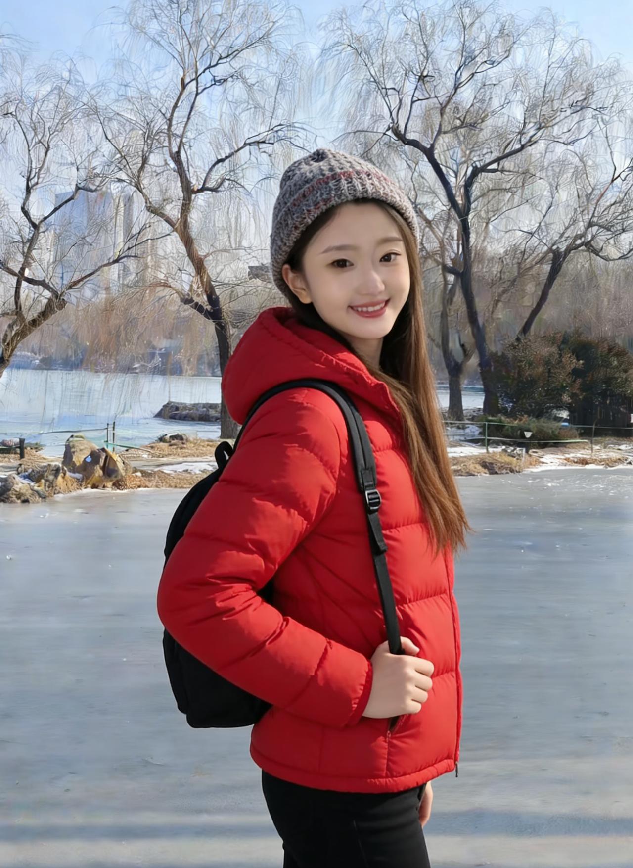 一袭红袄破冰来，笑靥如花映雪开。
最是寒天多暖意，春风先上美人腮。