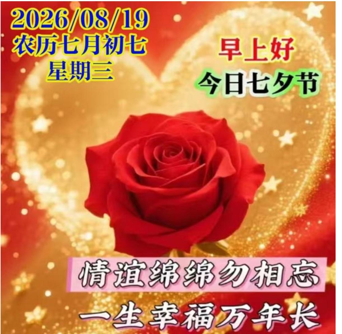 七夕到来喜洋洋，
祝福满满送给你；
财星高照好运连，
事业辉煌步步高；
没有疾病