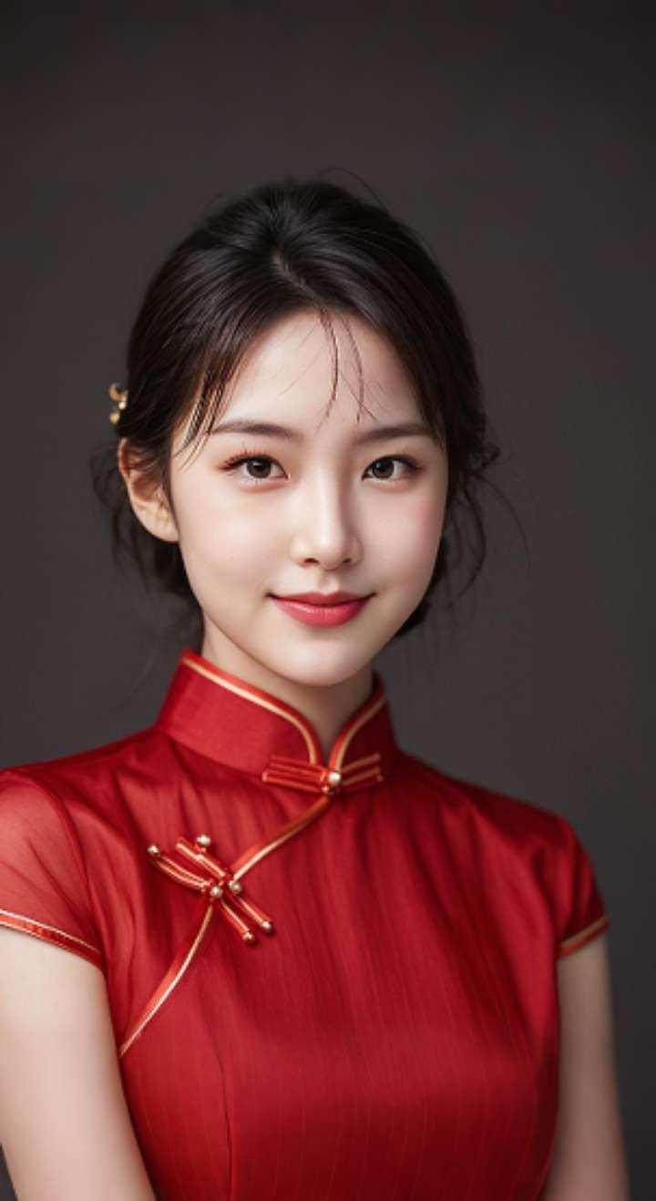 AI扩图 AI红裙浅笑