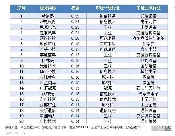 中证A500成分股中沪深300未覆盖的成分股：权重前20成分股名单： ​​​