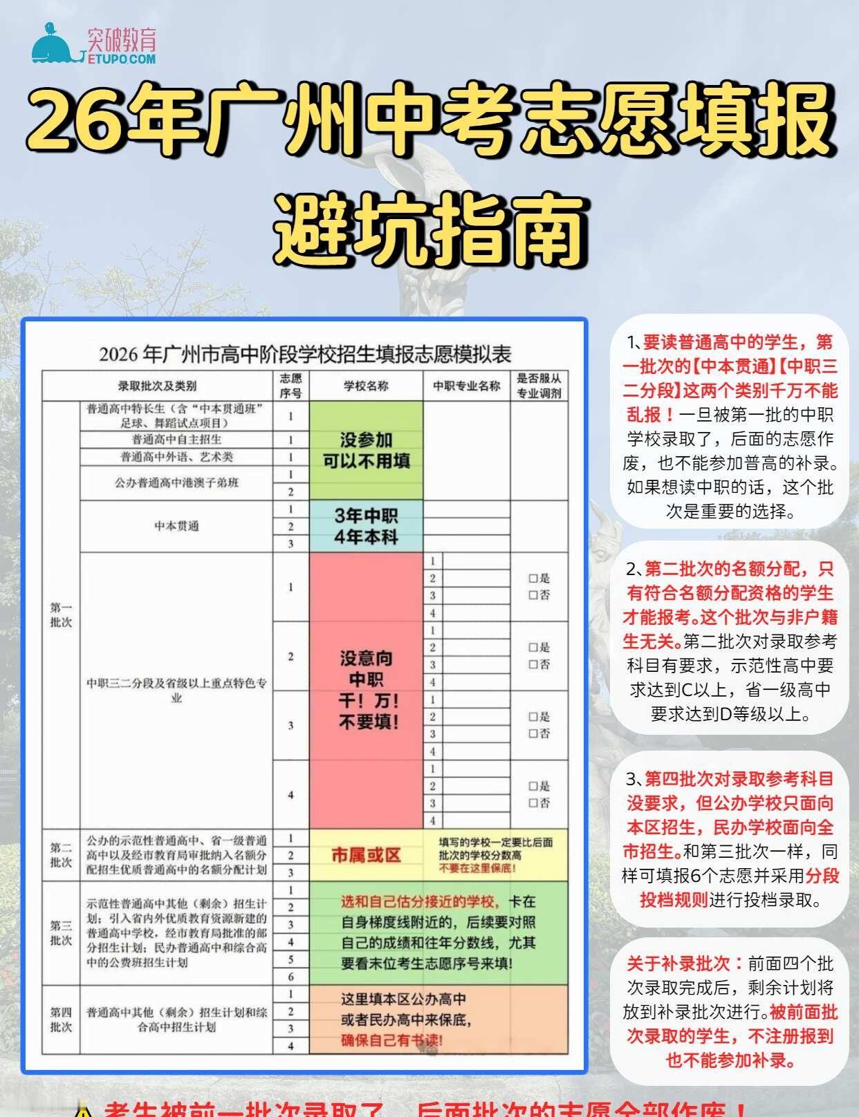 广州中考志愿填报警惕！这些坑踩直接没书读
⚠️ 最致命的坑，千万别乱填！
第一批