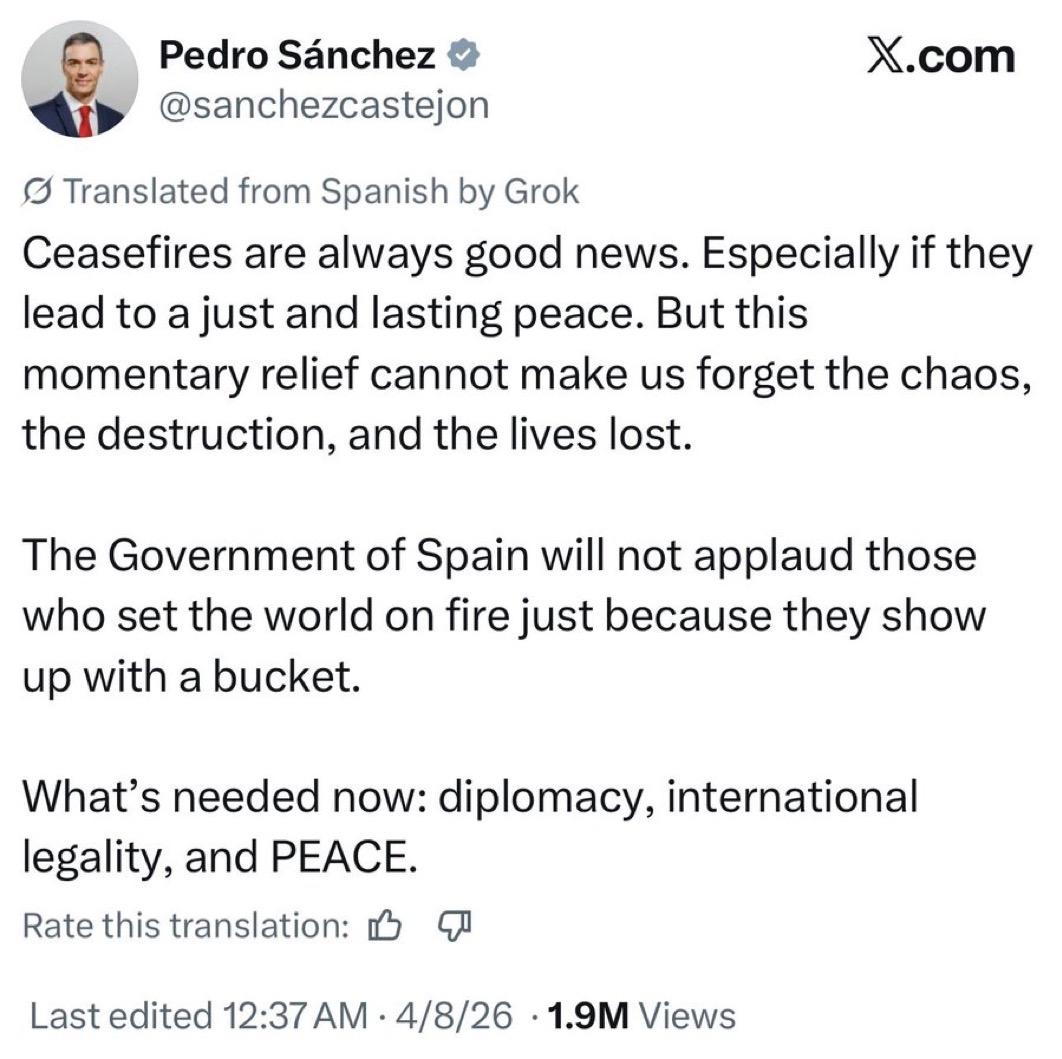 “西班牙政府绝不会仅仅因为那些纵火者随后提着水桶现身，便对他们报以掌声。”

西