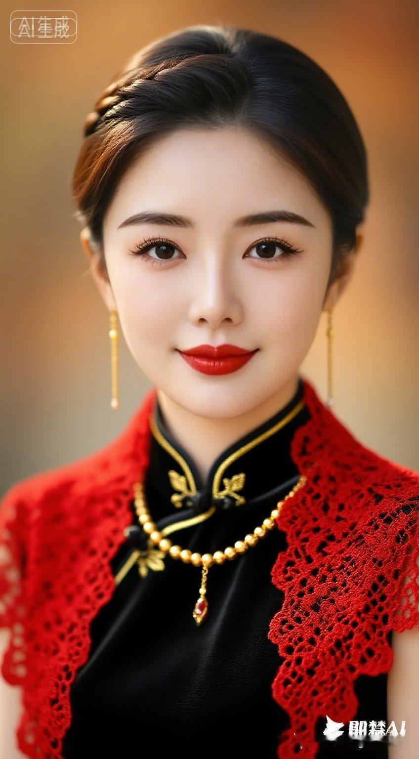 现代气质高雅美女，身着黑底金线刺绣新中式旗袍，搭配中国红镂空披肩。精致盘发温婉浅