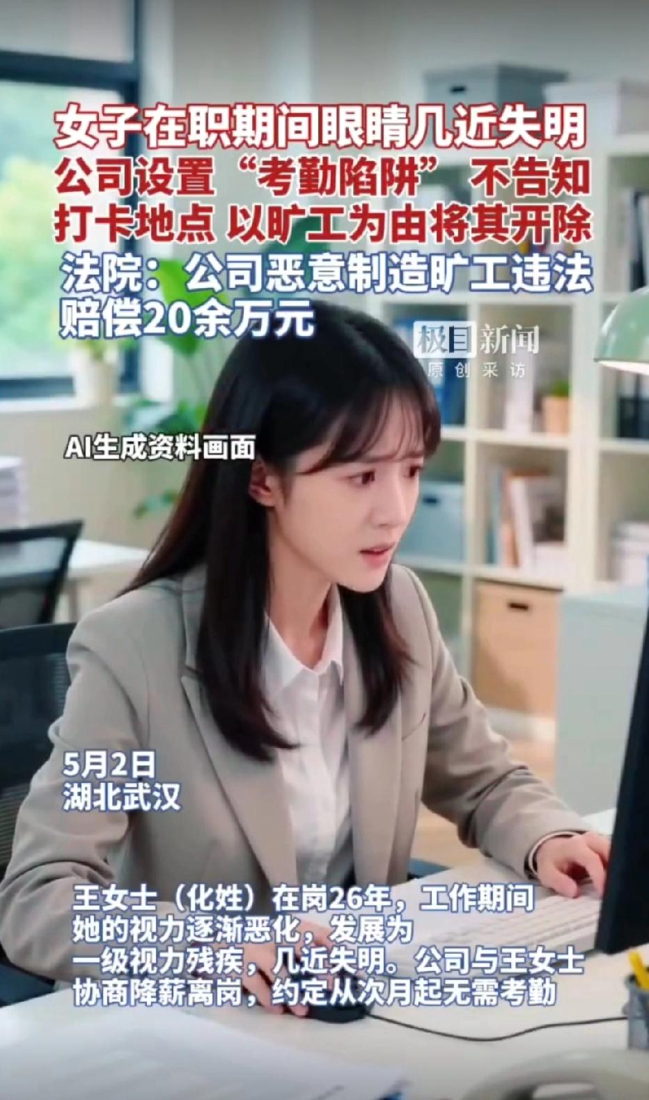 湖北武汉，女子在公司工作26年，视力逐渐恶化，发展为一级视力残疾，几近失明。公司