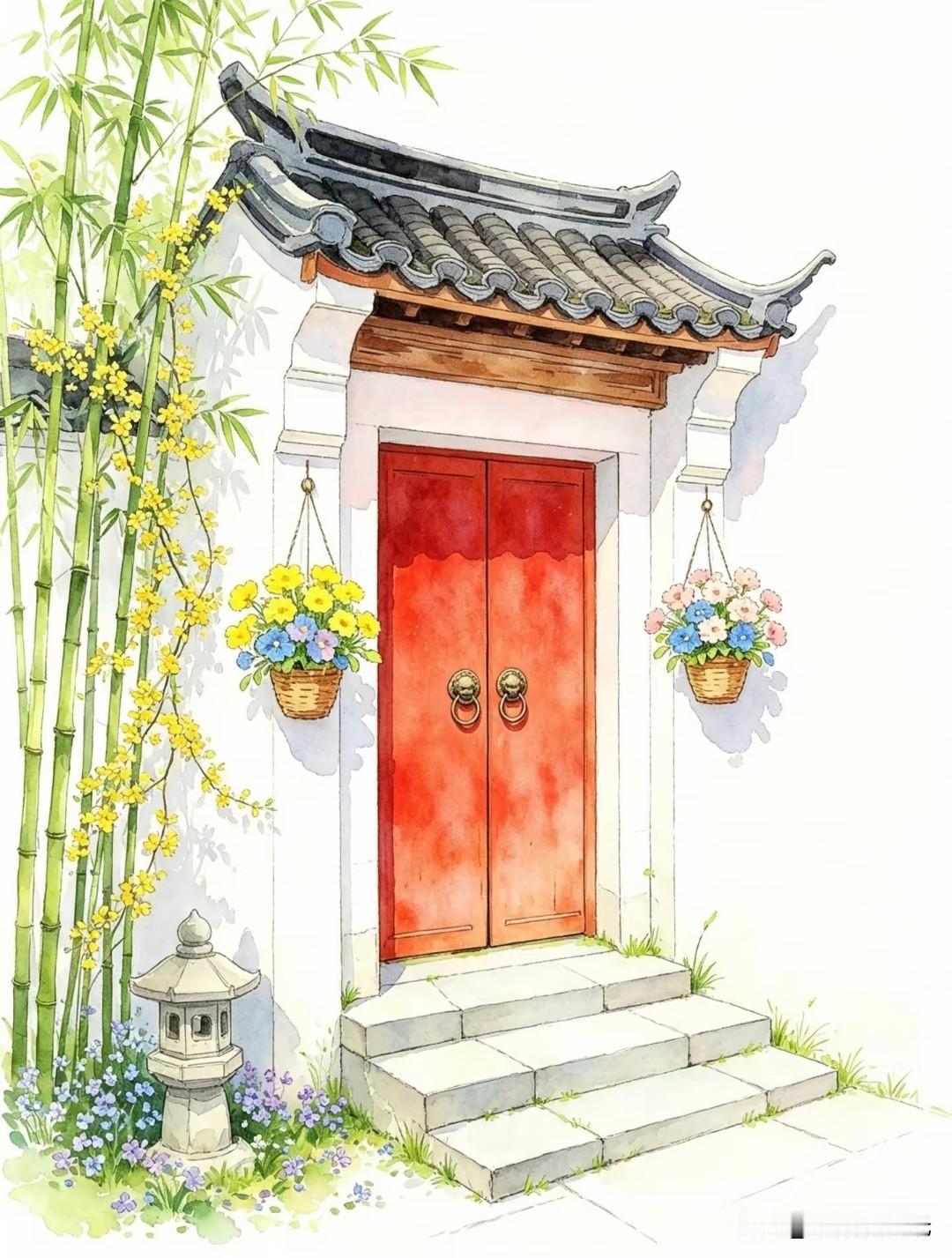 闲居江南小院，春拥繁花，岁月温柔安然。
杂趣小铺吖治愈系小院水彩插画分享
淡雅水