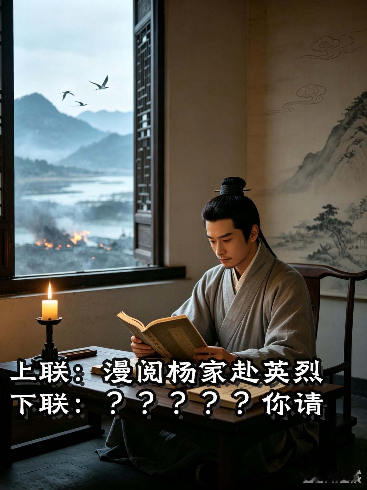 上联：漫阅杨家赴英烈
下联：？？？？？你请
这副巧联藏两部古典名著，《杨家将》与