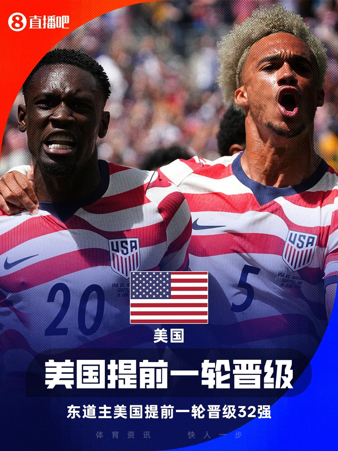 6月20日讯 美加墨世界杯D组第二轮，美国队战胜澳大利亚，提前1轮小组出线！美国