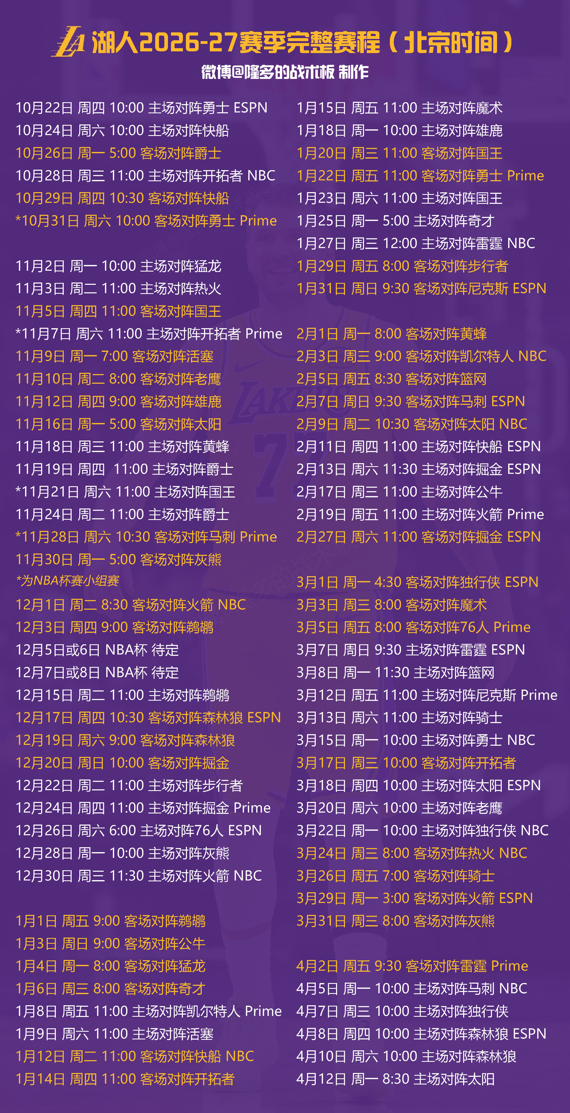 湖人队2026-27赛季赛程表，全北京时间，请收好⏰ 