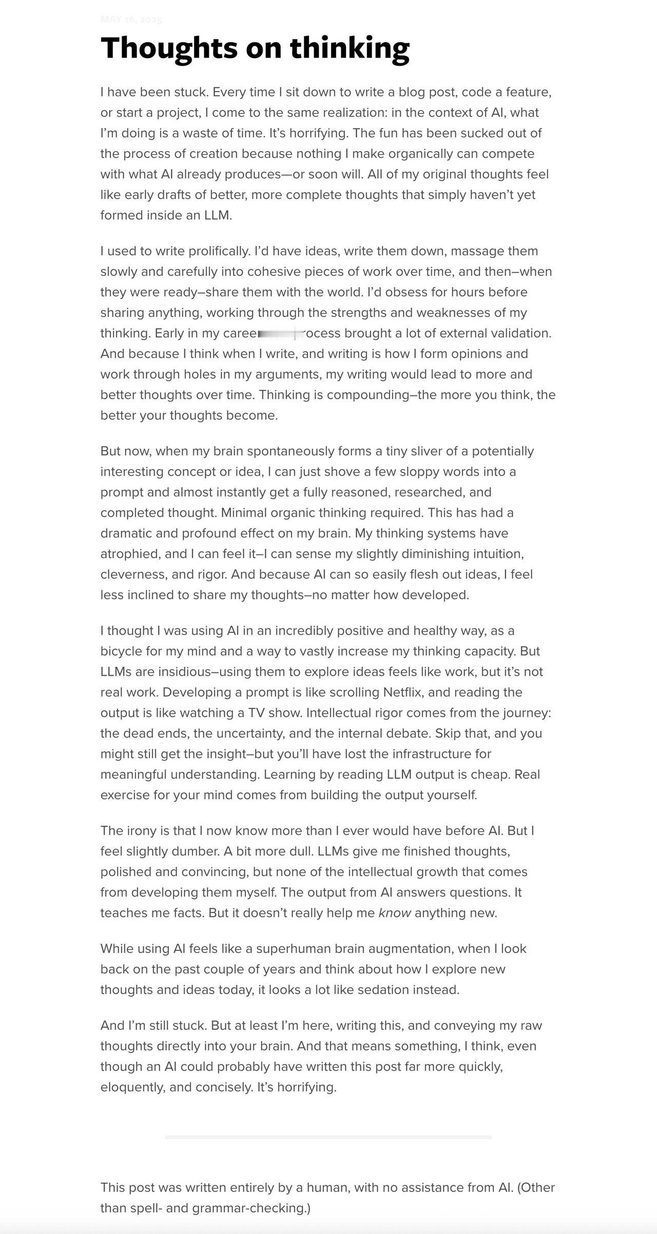 Hacker News 上的这篇热门文章认为过度依赖 AI 会让人失去独立思考的