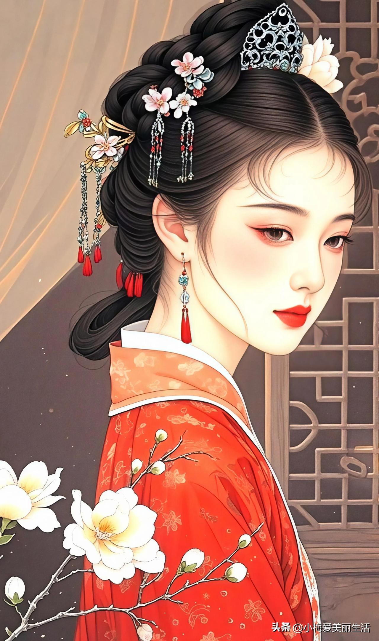 红衣美人倚窗立，
花枝招展映容颜。

古典红裙佳人 红衣佳人写真 古韵红衣女神 