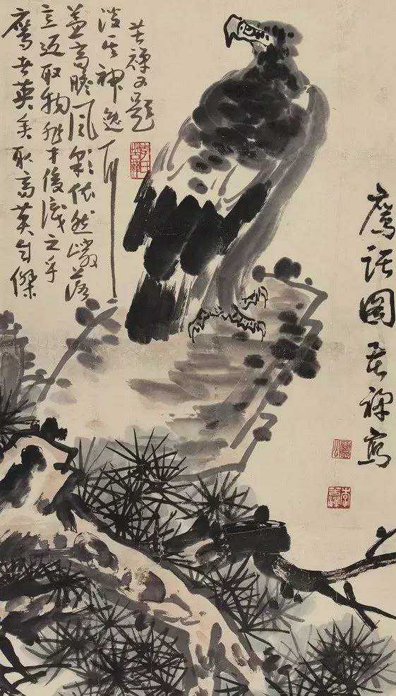 李苦禅画鹰，鹰之为物，威猛雄健，袭狐鼠，奋苍穹，展羽翱翔于云霓之间，驻足独立于天