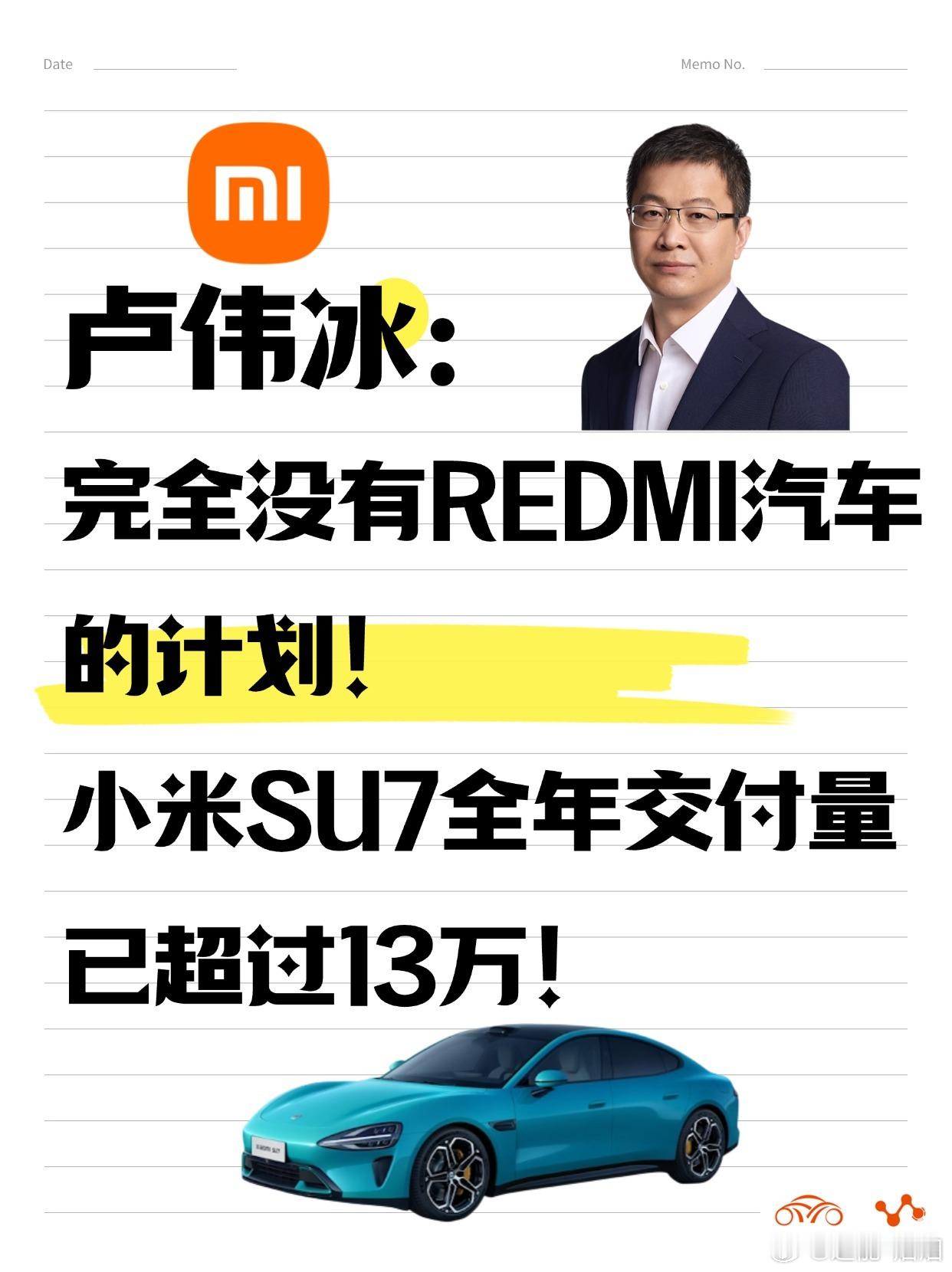 小米SU7交付提前完成年度目标  小米卢伟冰回应REDMI汽车   小米SU7全