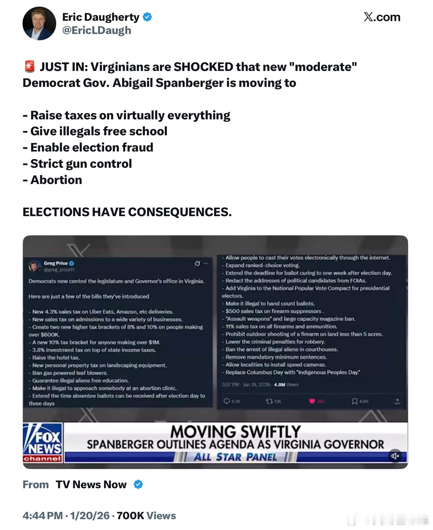 維珍尼亞州民眾震驚地發現，「溫和派」民主黨新州長Abigail Spanberg