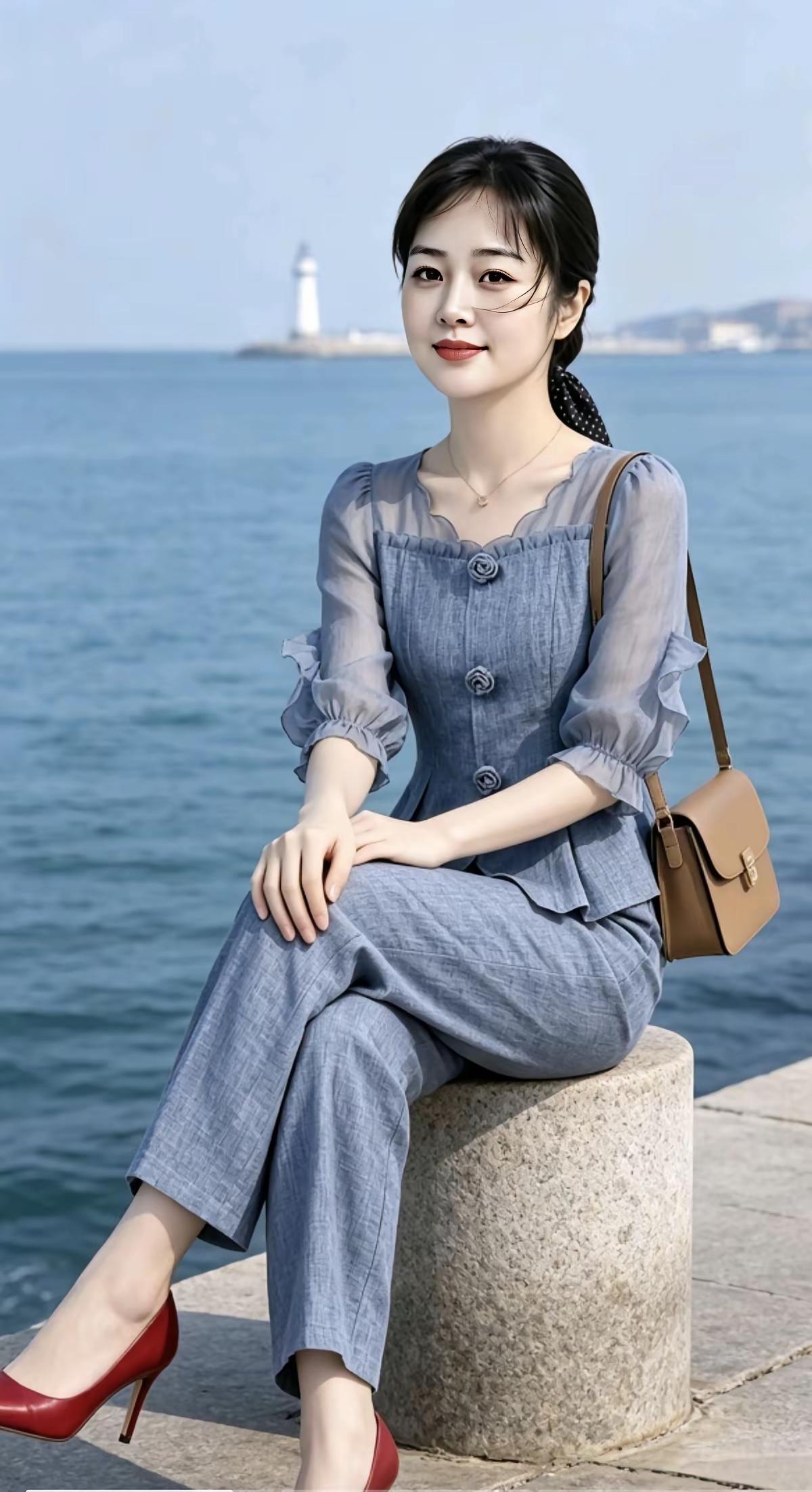 海边轻奢风穿搭，优雅迷人，红唇与蓝裙相映成趣！