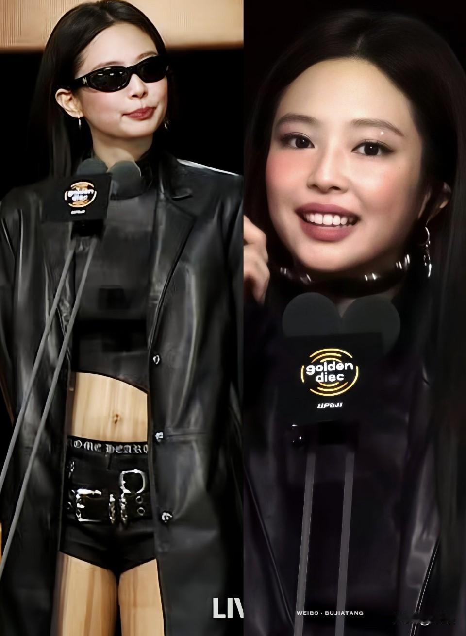 妮的这套造型太酷啦！妮是在自己的眉下痣上，贴了个钻吗？漂亮！

金唱片的三个造型