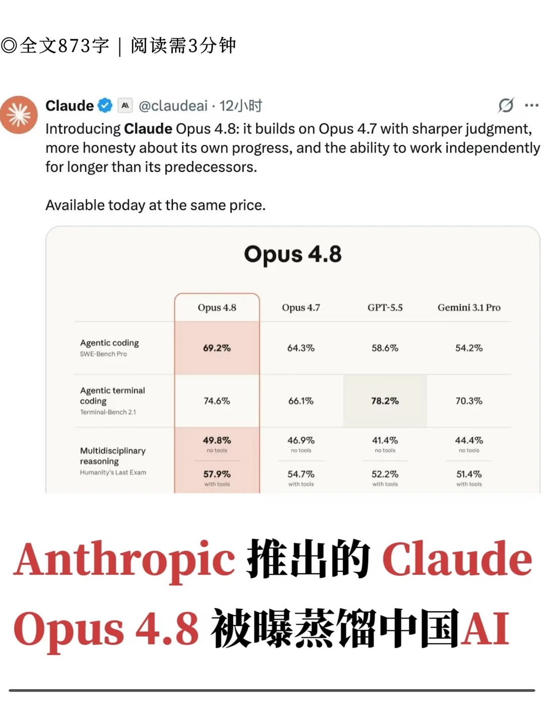 Anthropic推出Claude Opus 4.8蒸馏中国AI