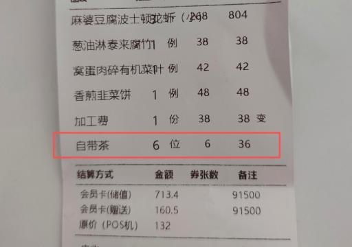 点餐时无人提醒，结账才见“自带茶6元/位”，6人36元，账单清楚不等于告知到位！