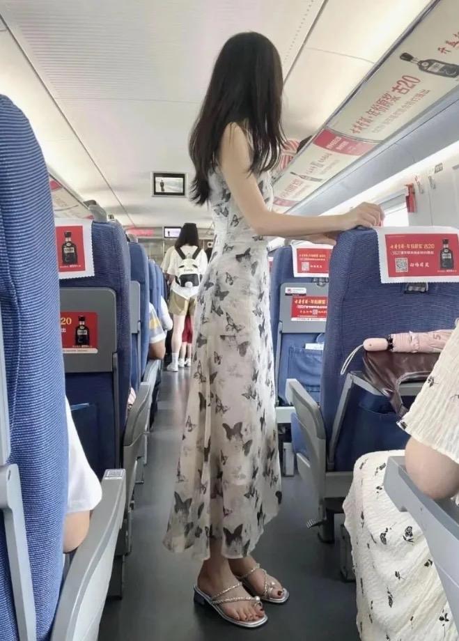 高铁上偶然一瞥，直接看呆了！
姑娘一袭碎花长裙站在车厢里，气质格外出众。
旅途本