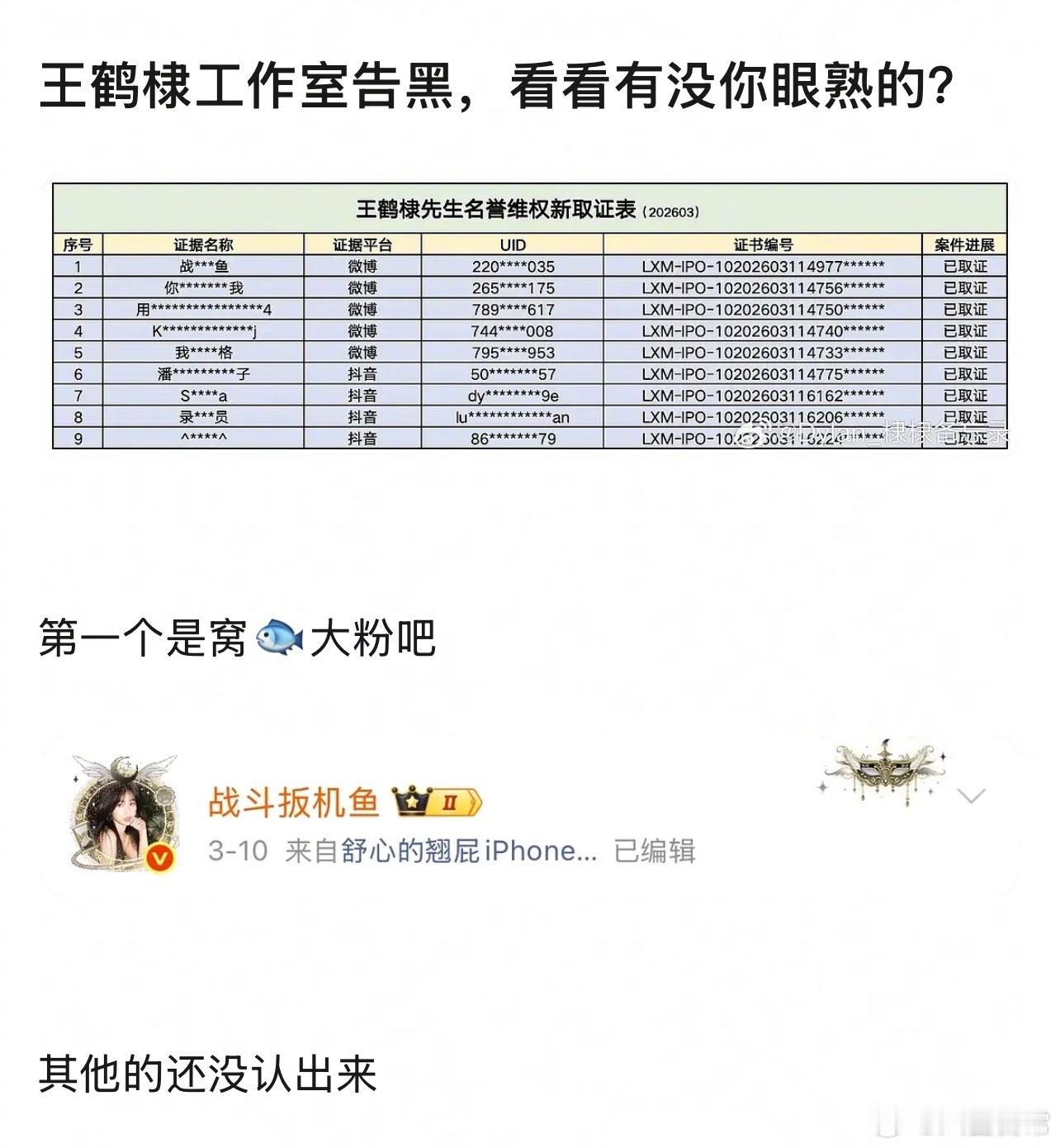 王鹤棣工作室公布告黑进度 