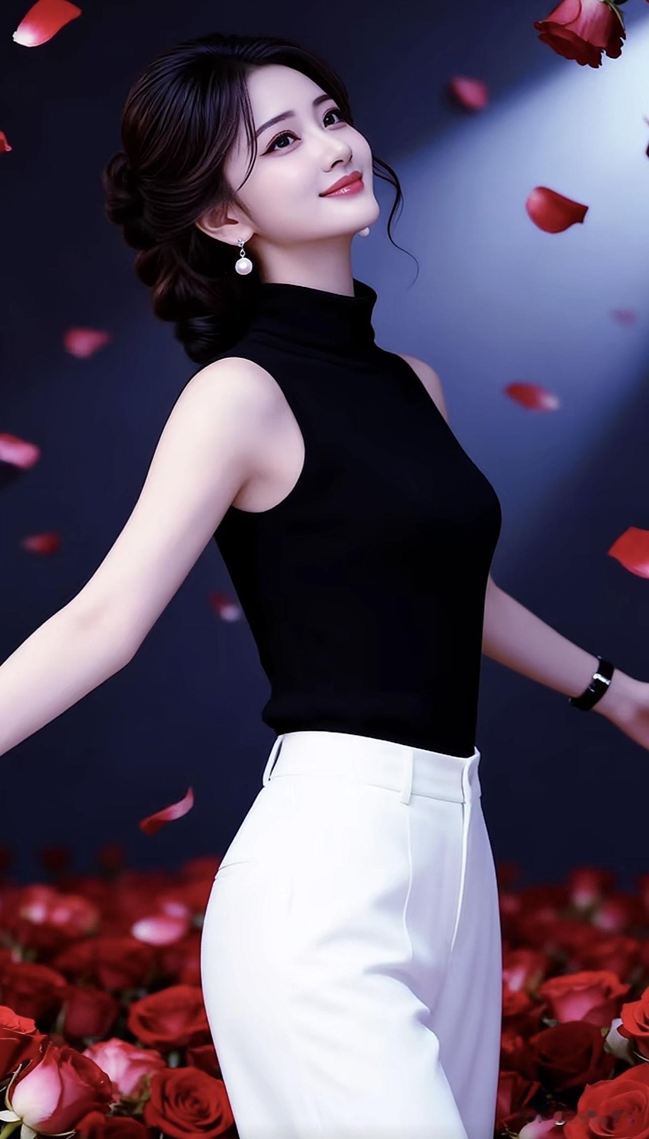 优雅黑衣少女，红玫瑰花瓣飘落，浪漫氛围满满！🌹💃🏻黑裙玫瑰女 玫瑰红装美女