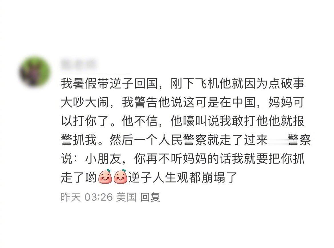 妈妈：在国外打了逆子是犯法把父母抓进去，在中国你大吵大闹我可有的是力气和手段，还