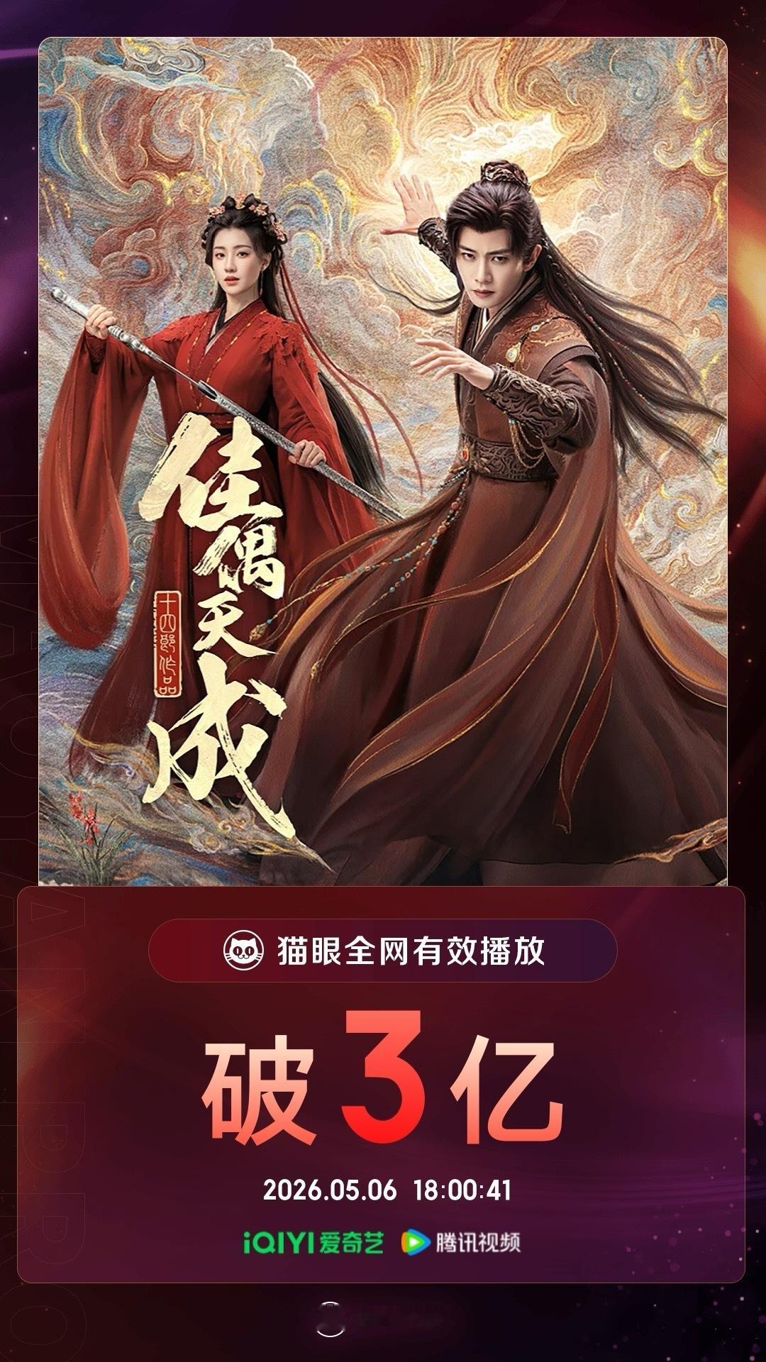 佳偶天成有效播放量破3亿 据猫眼专业版数据， 领衔主演剧集《佳偶天成》热播中，全