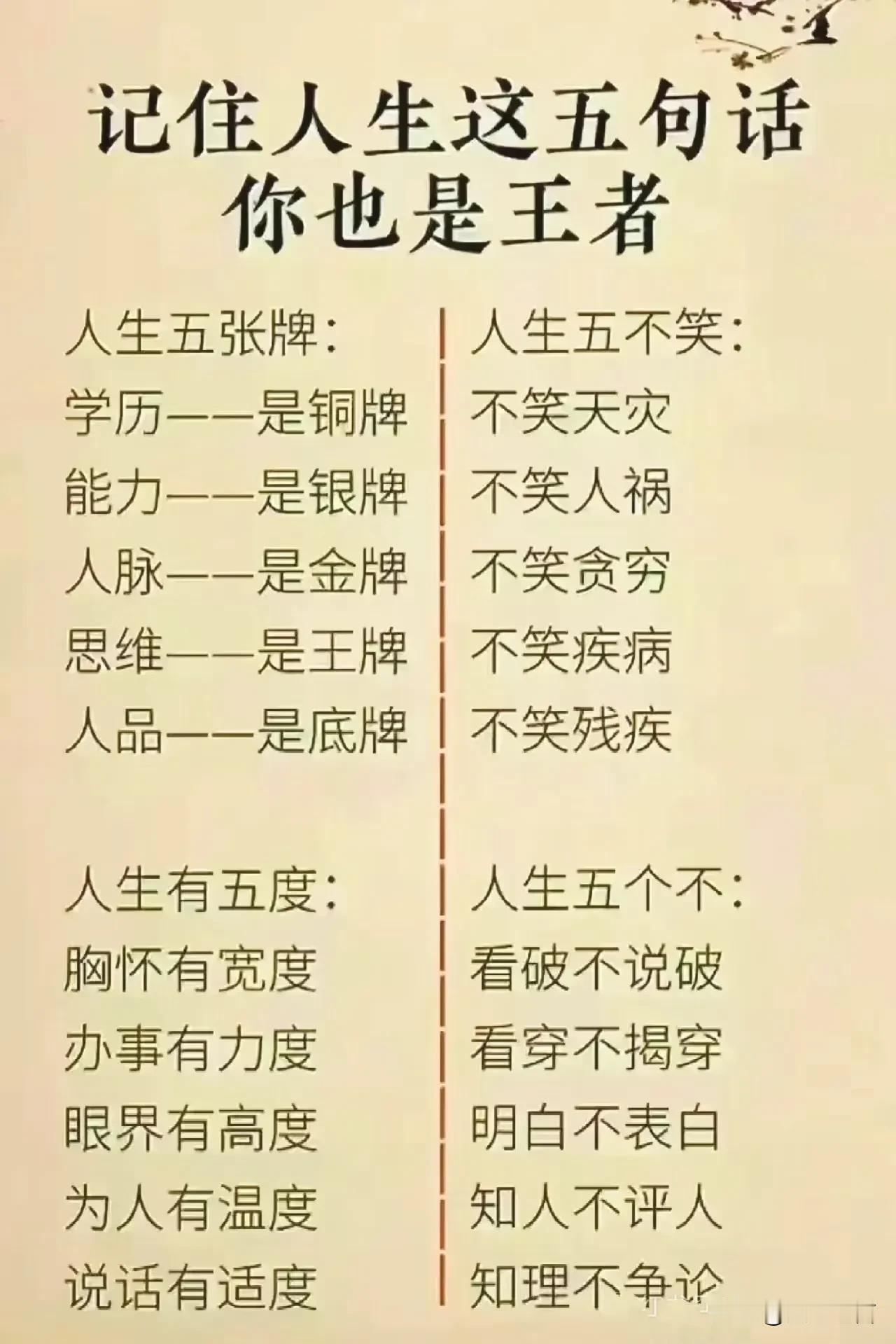 记住人生这五句话，你也是人生王者
1. 人生没有彩排，每一天都是现场直播。所以，