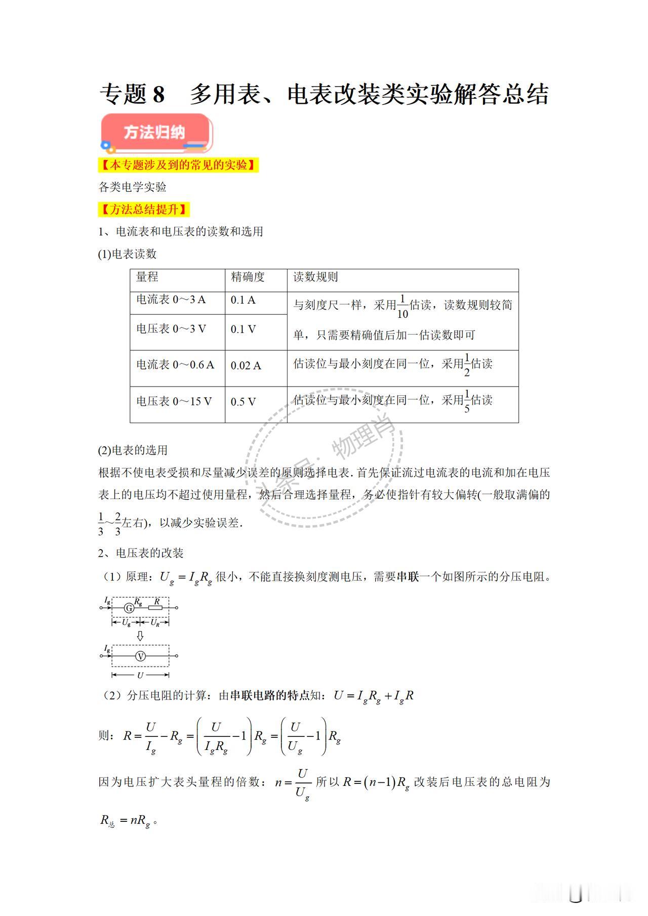 高中物理
实验是灵魂，考察你理解的深度。理解的效果是否能融汇变通。
专题8  多