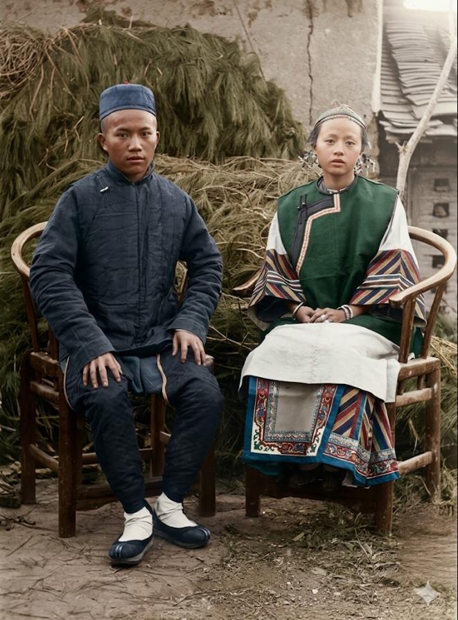 清末，乡村年轻夫妻合影。
左侧男子头戴瓜皮小帽，身着立领对襟厚棉短袄，下着束脚长