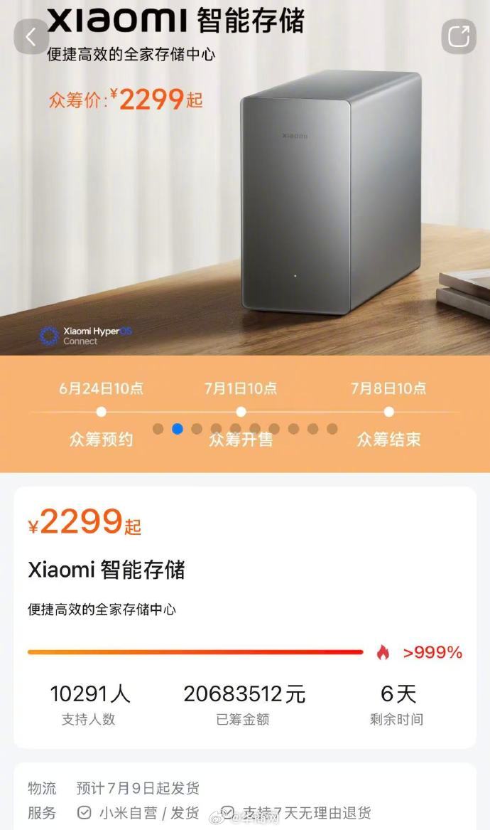 【#小米智能存储众筹秒罄#】#小米智能存储众筹超2000万元#7月1日，小米首款
