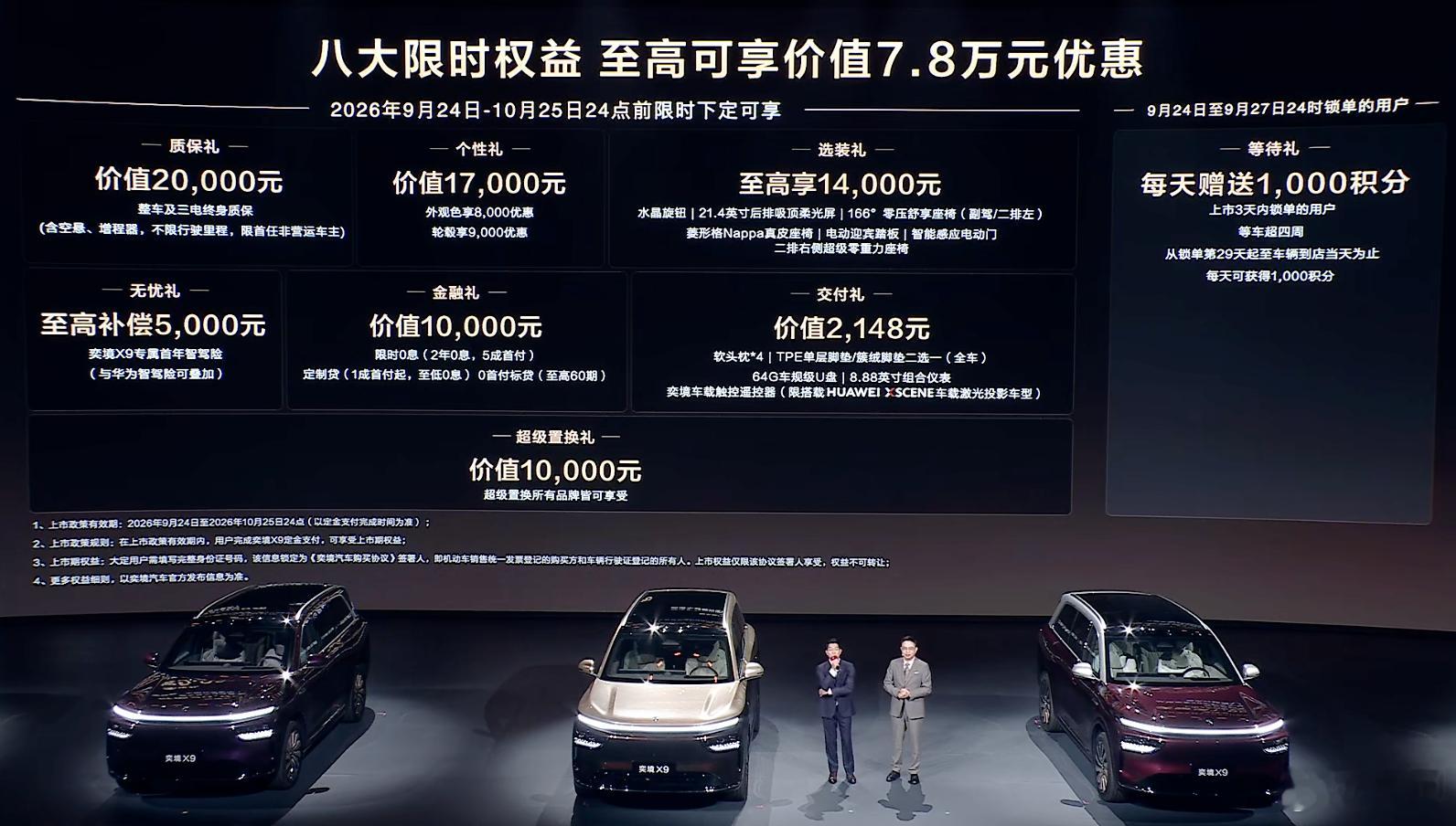 奕境X9今天公布了一堆购车权益，我特别留意了一下，整车、三电、空气悬架都给了终身
