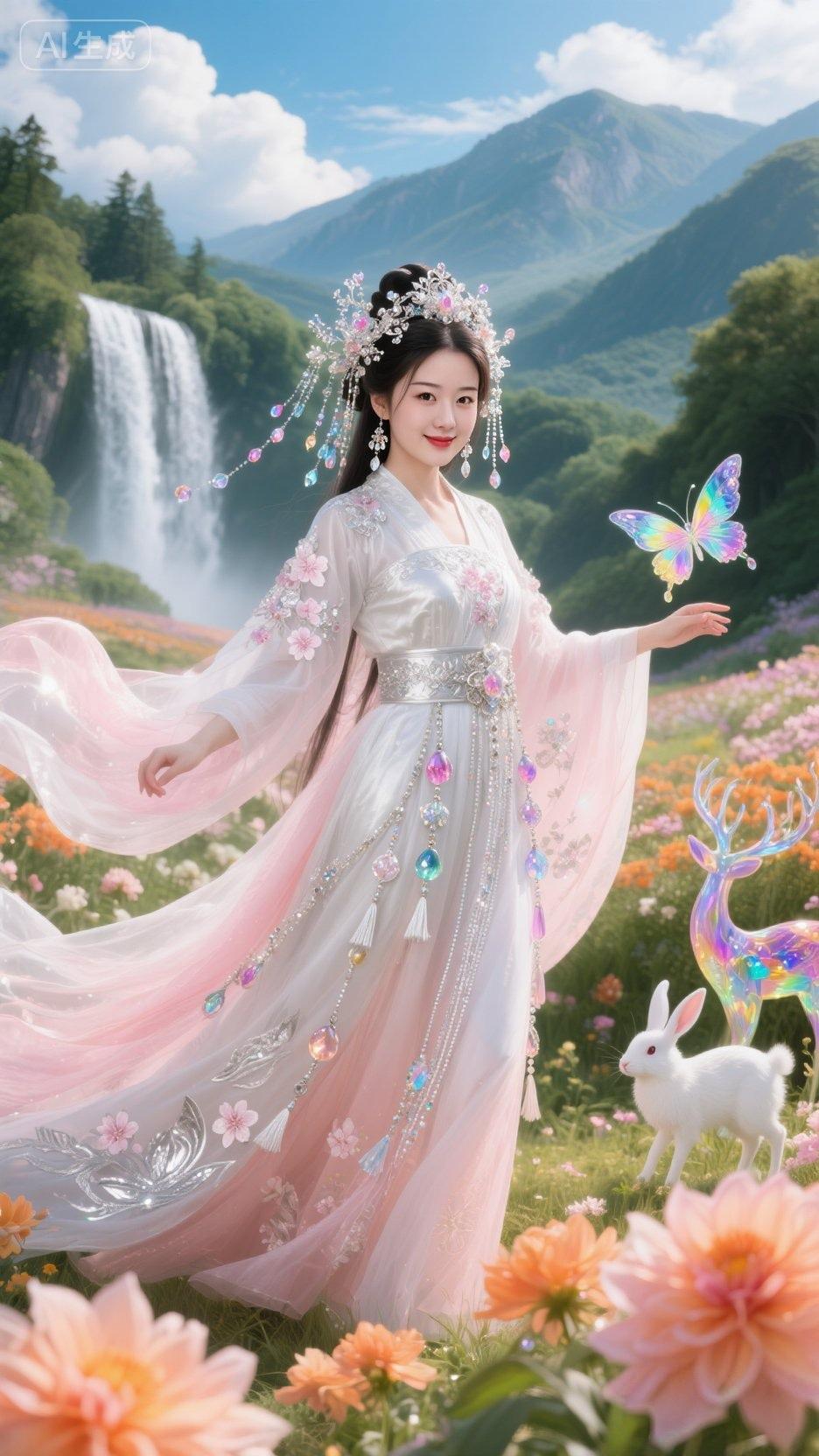 七绝●翩翩起舞/古韵   

繁花似锦蝶蜂飞，
翠绿芳香兔子围。
瀑布奔流烟雾起